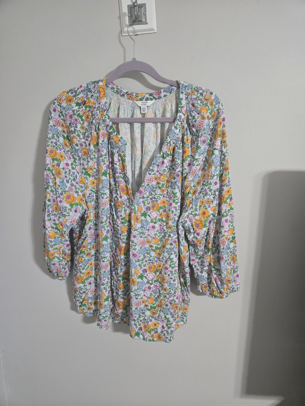 crown & ivy Yellow and Purple Floral V-Neck Peasant Blouse